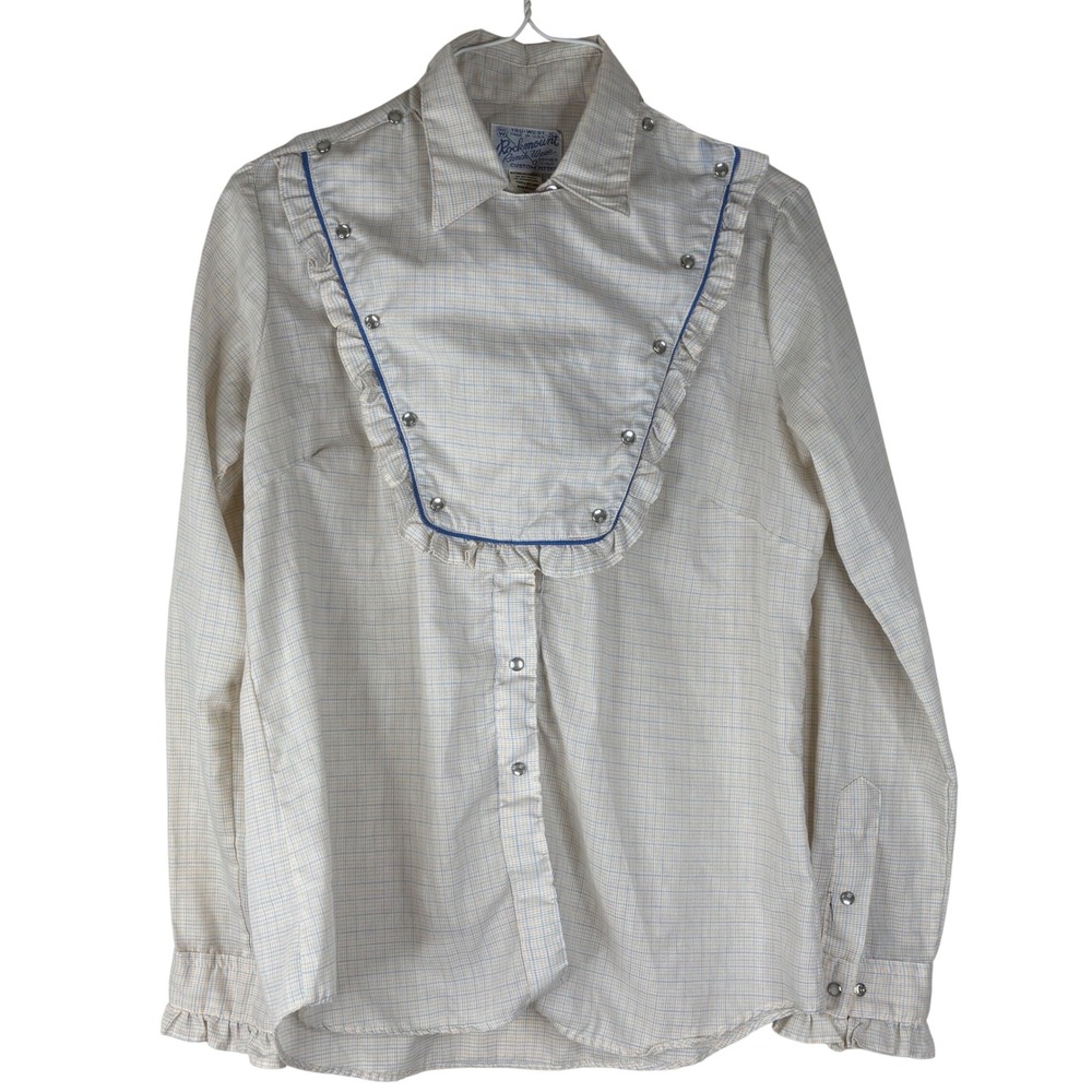 Rockmount Ranch Wear Western Shirt 38 Tan Blue Plaid Ruffle Bib Pearl Snap USA